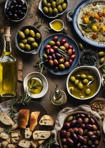a table with olive oil and olives