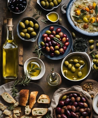 a table with olive oil and olives